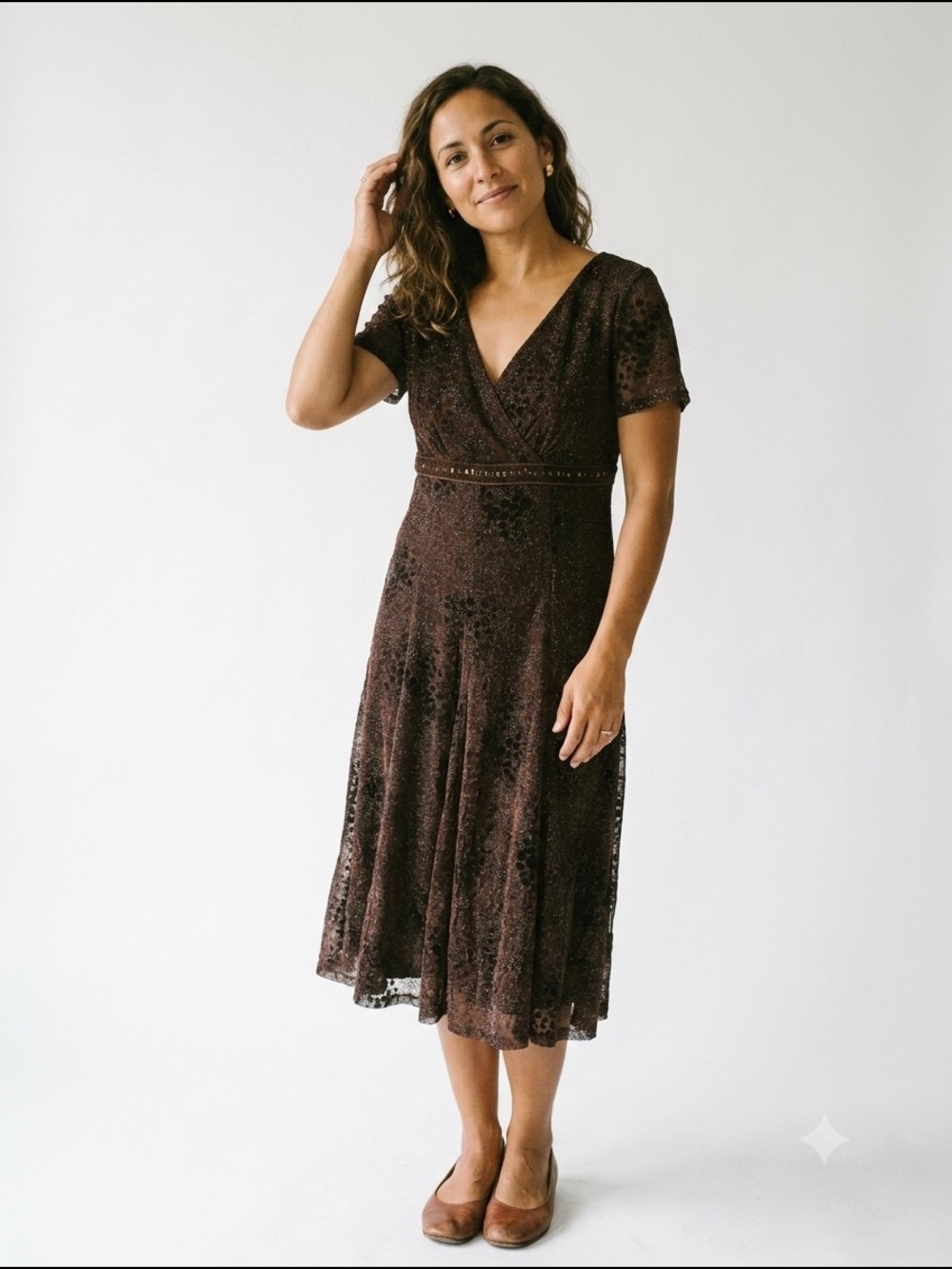 Jolib Women's Sparkly Brown Lace Midi Dress Dark Cottagecore Gothic Romance